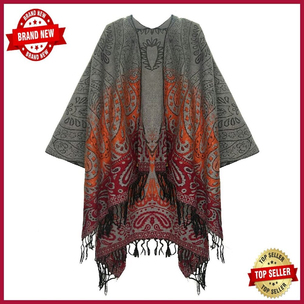 Vintage Pattern Tassel Poncho Shawl Cape Wrap Women's Layering Piece